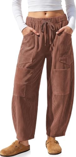 Women's Corduroy Barrel Pants with Pockets Y2K Patchwork Brown