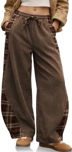 Womens Corduroy Barrel Pants with Pockets Y2K Plaid Patchwork Panels
