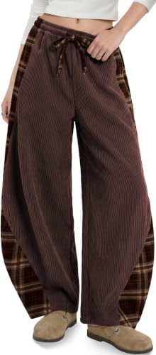 Womens Corduroy Barrel Pants with Pockets Y2K Plaid Patchwork Panels