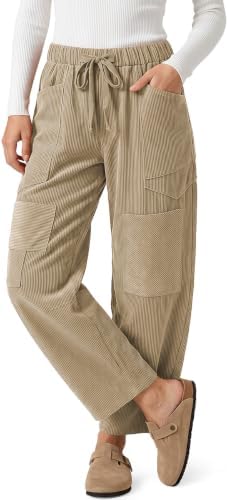 Women's Corduroy Barrel Pants with Pockets Y2K Patchwork Khaki