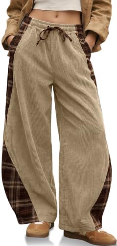 Womens Corduroy Barrel Pants with Pockets Y2K Plaid Patchwork Panels