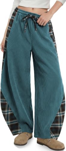 Womens Corduroy Barrel Pants with Pockets Y2K Plaid Patchwork Panels