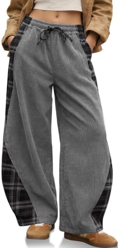 Womens Corduroy Barrel Pants with Pockets Y2K Plaid Patchwork Panels