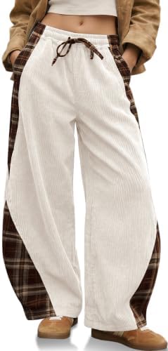 Womens Corduroy Barrel Pants with Pockets Y2K Plaid Patchwork Panels