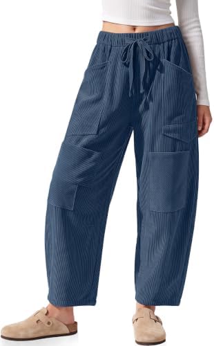 Women's Corduroy Barrel Pants with Pockets Y2K Patchwork Navy