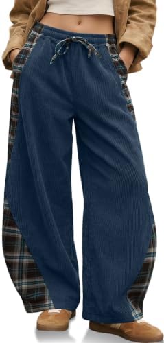 Womens Corduroy Barrel Pants with Pockets Y2K Plaid Patchwork Panels