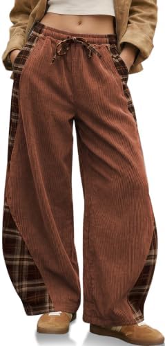 Womens Corduroy Barrel Pants with Pockets Y2K Plaid Patchwork Panels
