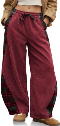 Womens Corduroy Barrel Pants with Pockets Y2K Plaid Patchwork Panels