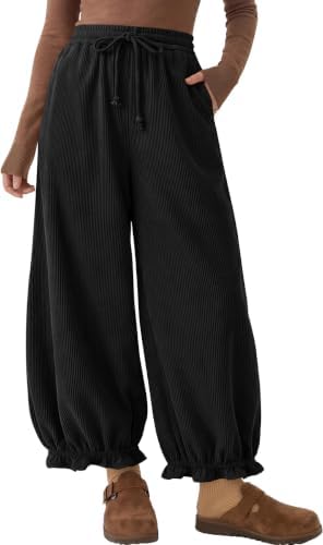 Womens Corduroy Bloomers Ruffle Pants with Pockets Black