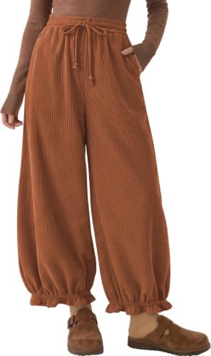 Womens Corduroy Bloomers Ruffle Pants with Pockets Caramel