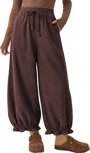 Womens Corduroy Bloomers Ruffle Pants with Pockets Dark Coffee