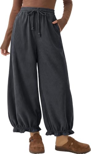 Womens Corduroy Bloomers Ruffle Pants with Pockets Dark Gray