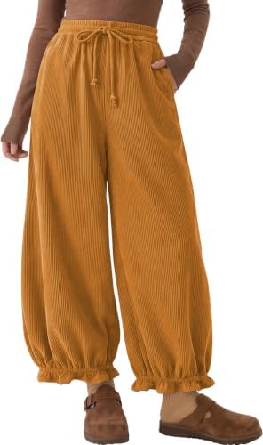 Womens Corduroy Bloomers Ruffle Pants with Pockets Dark Yellow