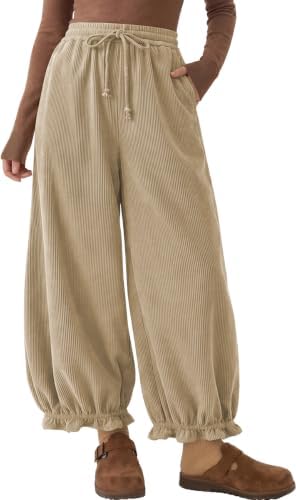 Womens Corduroy Bloomers Ruffle Pants with Pockets Khaki