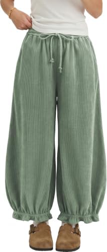 Womens Corduroy Bloomers Ruffle Pants with Pockets Light Army Green