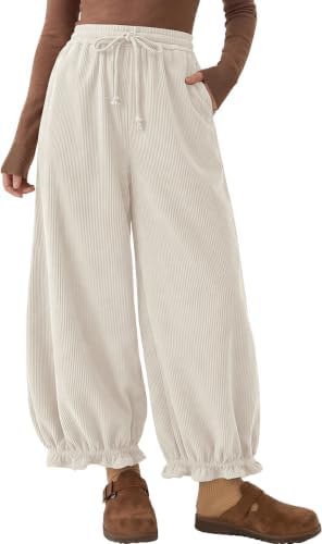 Womens Corduroy Bloomers Ruffle Pants with Pockets Milky White