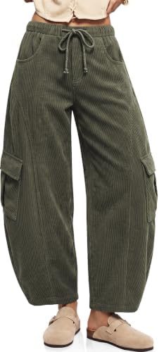 Womens Corduroy Cargo Wide Leg Barrel Pants Army Green