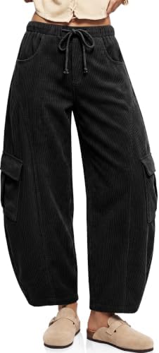 Womens Corduroy Cargo Wide Leg Barrel Pants Black