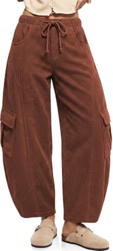Womens Corduroy Cargo Wide Leg Barrel Pants Brown