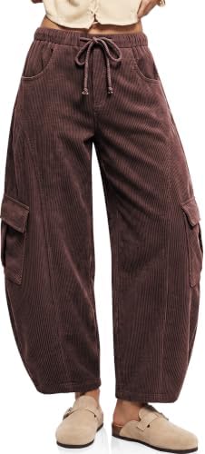 Womens Corduroy Cargo Wide Leg Barrel Pants Dark Coffee