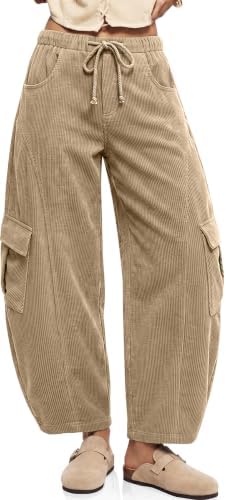Womens Corduroy Cargo Wide Leg Barrel Pants Khaki