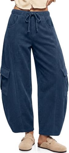 Womens Corduroy Cargo Wide Leg Barrel Pants Navy