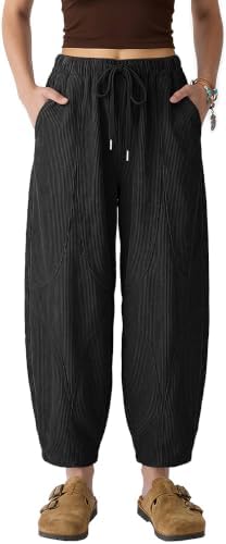 Womens Corduroy Harem Pants Loose Fit Elastic Drawstring Black