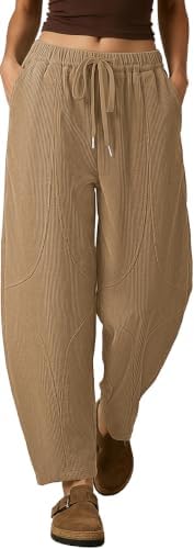 Womens Corduroy Harem Pants Loose Fit Elastic Drawstring Camel