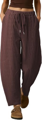 Womens Corduroy Harem Pants Loose Fit Elastic Drawstring Dark Coffee