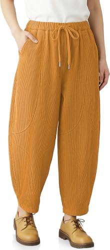 Womens Corduroy Harem Pants Loose Fit Elastic Drawstring Dark Yellow