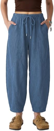 Womens Corduroy Harem Pants Loose Fit Elastic Drawstring Gray Blue