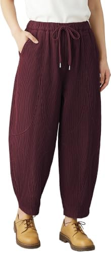 Womens Corduroy Harem Pants Loose Fit Elastic Drawstring Jujube Red
