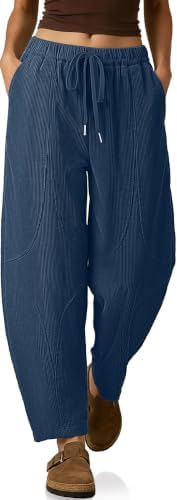 Womens Corduroy Harem Pants Loose Fit Elastic Drawstring Navy
