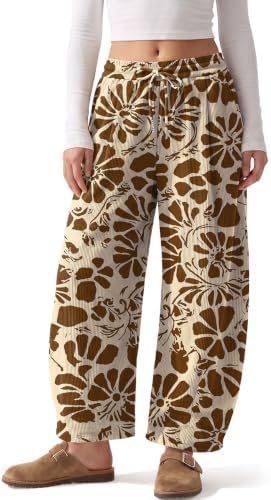 Corduroy Pants Women Floral Print High Waisted Wide Leg Barrel Pants