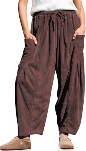 Corduroy Pants for Women Wide Leg Drawstring Baggy Barrel Travel