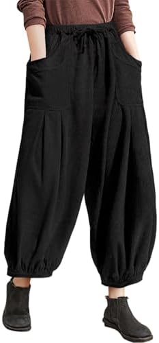 Womens Corduroy Pants Harem Casual Loose Fit Baggy Elastic Waist