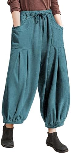 Womens Corduroy Pants Harem Casual Loose Fit Baggy Elastic Waist