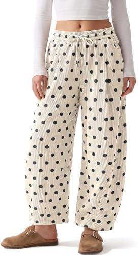 Corduroy Pants Women Polka Dot Drawstring Comf Palazzo Barrel Pants