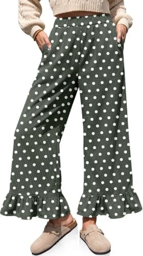 Corduroy Pants Women Polka Dots Ruffle Hem Palazzo Flared Leg Pants