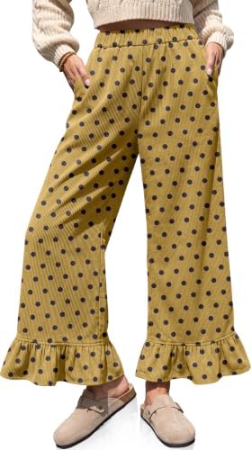 Corduroy Pants Women Polka Dots Ruffle Hem Palazzo Flared Leg Pants