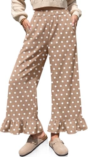 Corduroy Pants Women Polka Dots Ruffle Hem Wide Leg Flared Leg Pants