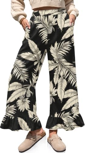 Corduroy Pants Women Printed Ruffle Hem Palazzo Flared Leg Pants