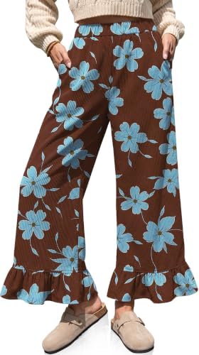 Corduroy Pants Women Printed Ruffle Hem Wide Leg Flared Leg Pants