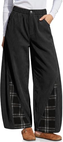 Womens Corduroy Wide Leg Barrel Plaid Patchwork Pants Black