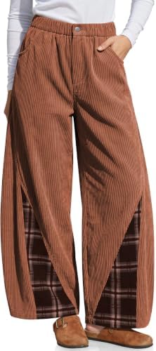 Womens Corduroy Wide Leg Barrel Plaid Patchwork Pants Brown