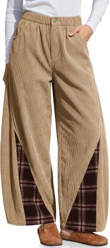 Womens Corduroy Wide Leg Barrel Plaid Patchwork Pants Camel