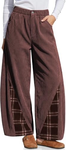 Womens Corduroy Wide Leg Barrel Plaid Patchwork Pants Dark Coffee