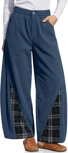 Womens Corduroy Wide Leg Barrel Plaid Patchwork Pants Navy