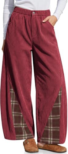 Womens Corduroy Wide Leg Barrel Plaid Patchwork Pants Wine