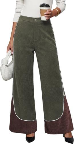 Women's Corduroy Wide Leg Pants Contrast Trim High Waist Trousers